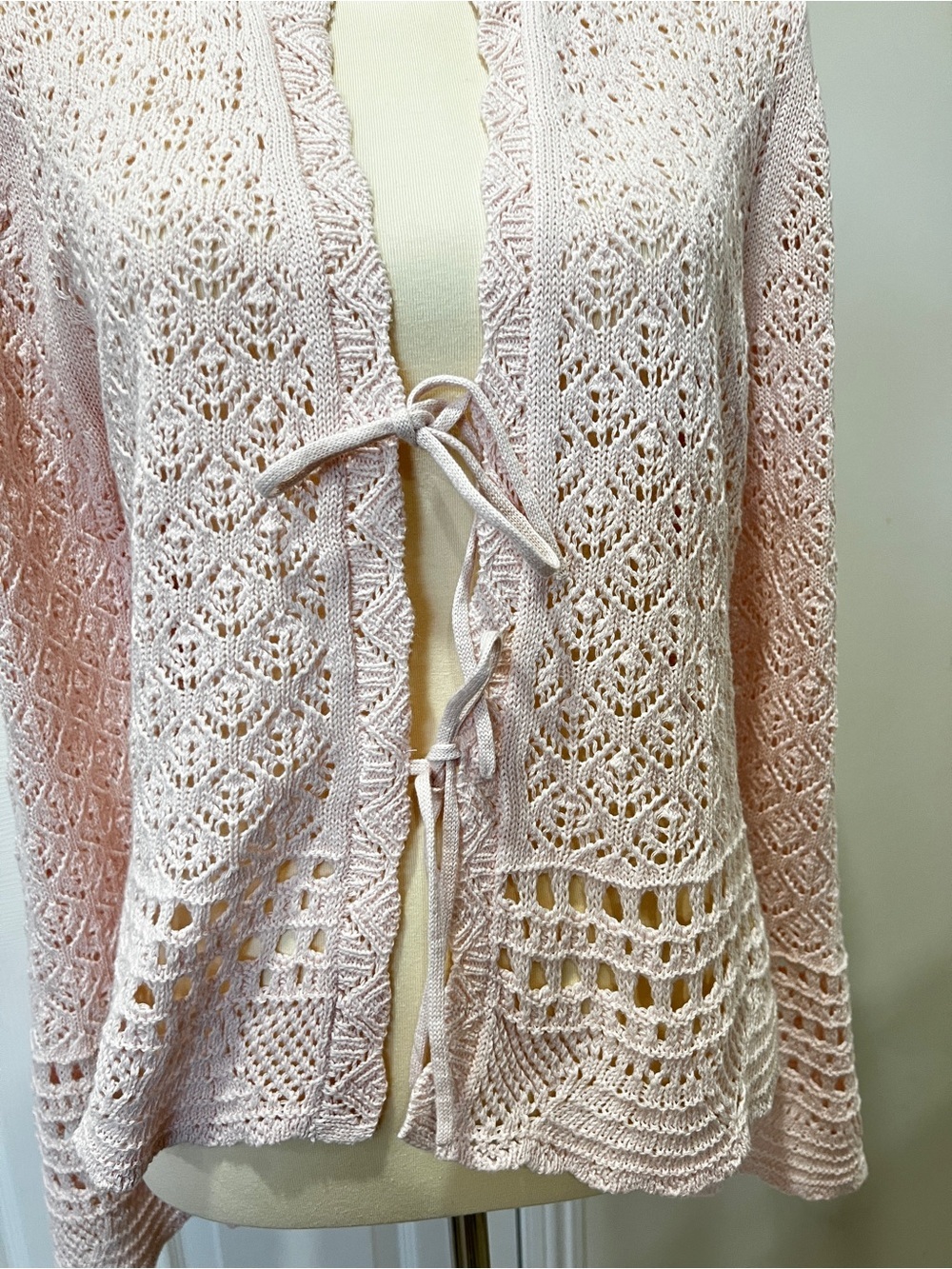Crochet Bell Sleeve Sweater Front Tie Closure Light Pink Size Large Cotton Knit - Picture 8 of 12